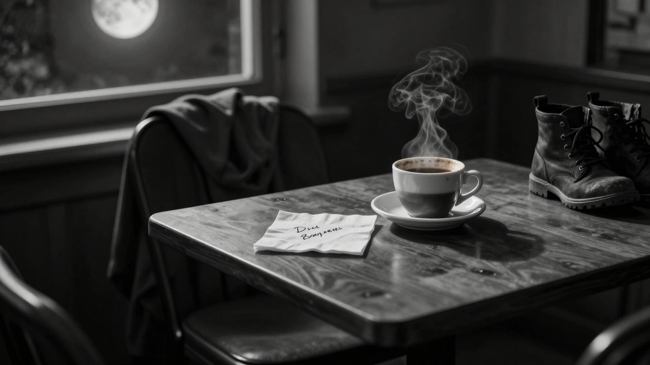 An empty café chair with a handwritten napkin and half-drunk coffee, waiting for someone to arrive.