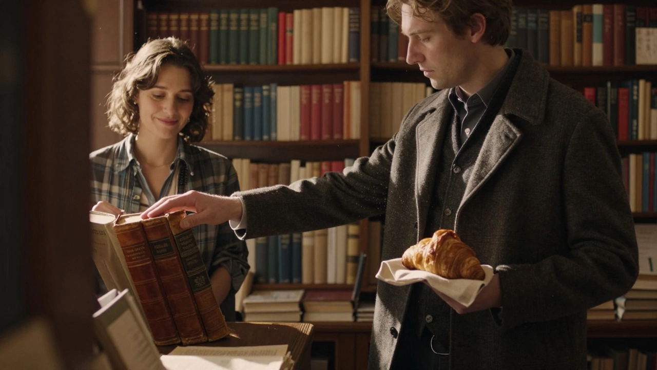 Man and woman in a quiet Paris bookshop, afternoon light filtering through shelves, croissant on linen napkin.