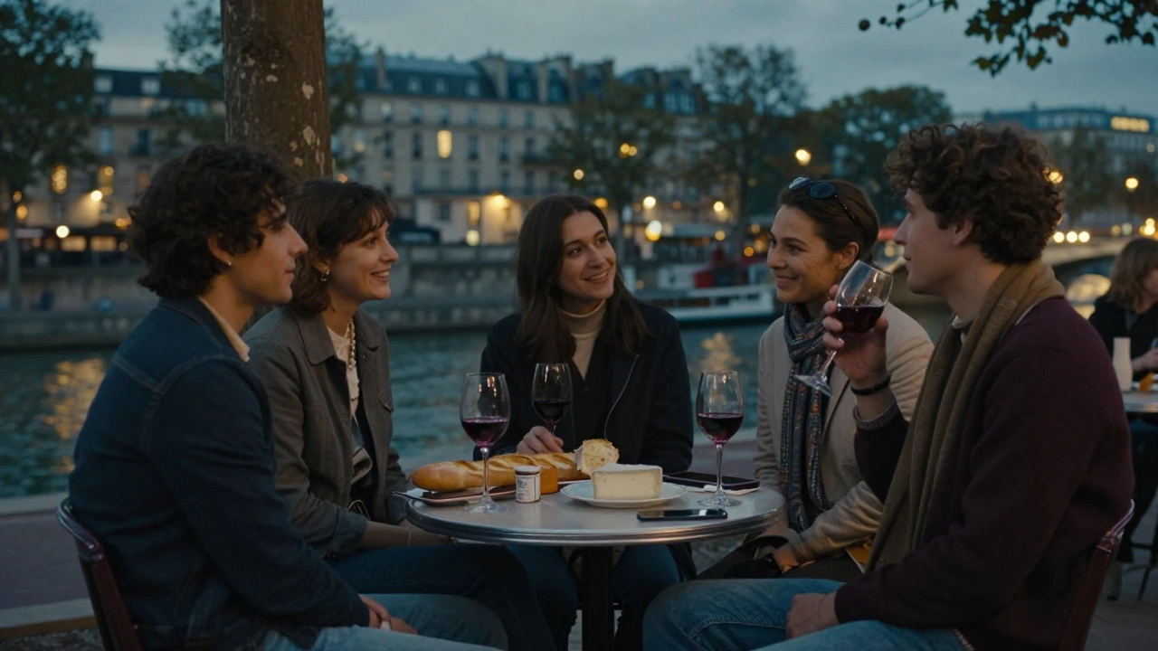 People drinking wine under a Parisian tree at dusk, relaxed and talking softly, no kink gear in sight.