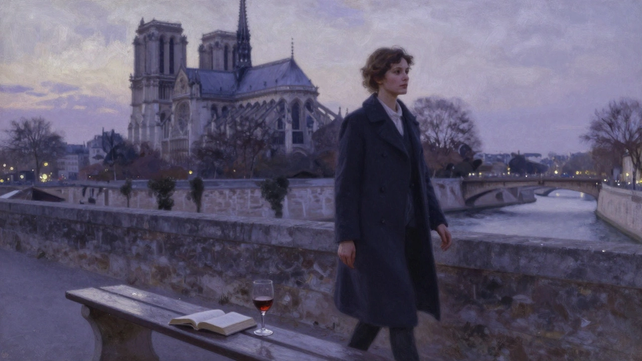 Woman walking along the Seine at dusk, book and wine on bench, Notre-Dame silhouetted in twilight.